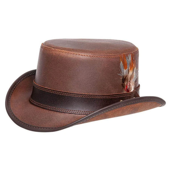 Marlow Brown Leather Top Hat with Feather Band