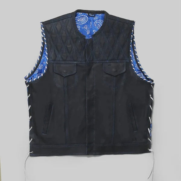 Hand Made Electric Blue Paisley Diamond Quilted Leather Side Lases Biker Rider Motorcycle Vest Men MC