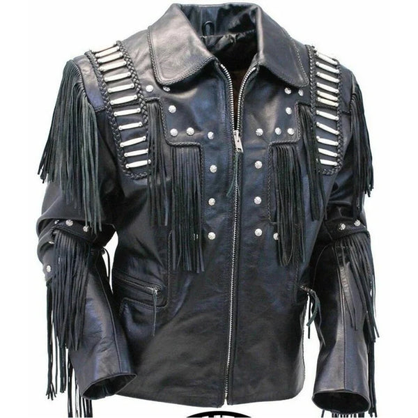 Men's Traditional Western cowboy Leather Jacket coat With Fringes Bone and Beads / Bones & Braids Fringes Leather Jacket