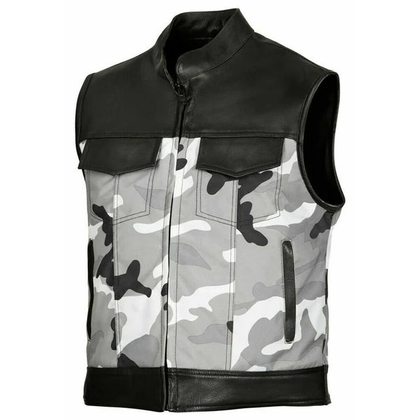 Mick Citycamo - Black / white / gray camo and leather club biker vest, Men's Vest, Leather Vest, Motorcycle Leather Vest