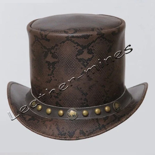 Top Hat Men's Leather Snake Style Motorcycle Five Cent & Studs Band Biker Top Hat- Brown