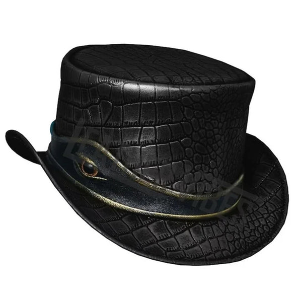 Top Hat-Eye Band Crockodile Plated Black Leather hat,Leather Top Hat,Gothic Top Hat,Mens Top Hat,Steampunk Top Hat,Custom Top Hat
