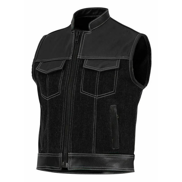 Club Style - Leather and Denim zipper white Stitching Motorcycle Biker Vest, Leather Vest, DenimbVest