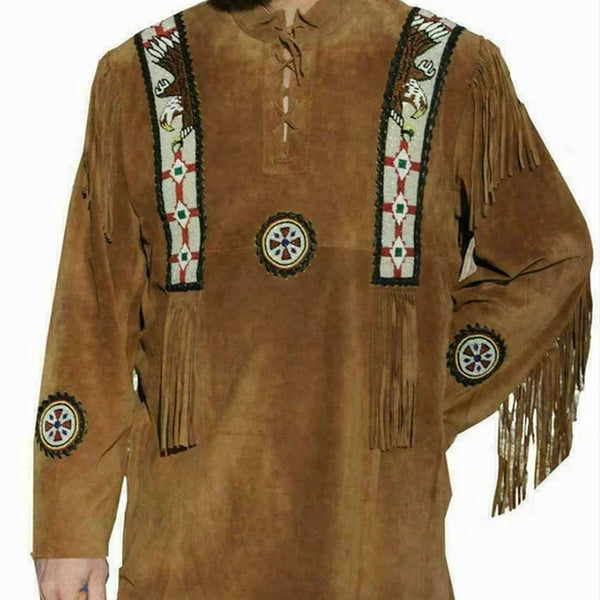Men Native American Western Cowboy Leather Jacket Suede Coat Fringe Eagle Beads Shirt Gift for Men Brown Red Indian Country Side Jacket
