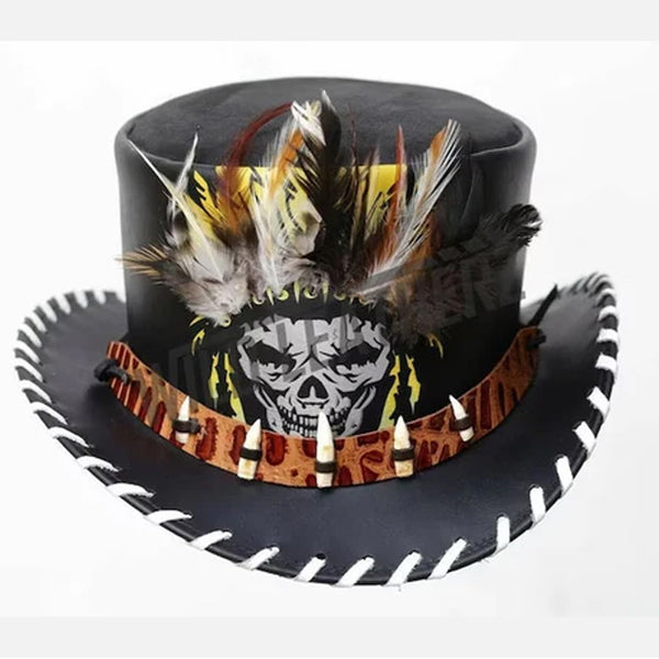 Top Hat Red Indian Chief Feather Braided Brim Teeth Band Leather Top Hat Native Western Hat Gothic Hat Steampunk Hat Halloween Gifts