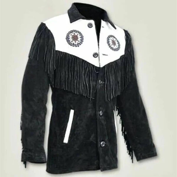 Leather jacket Men's Traditional Native Black & White Classic Suede Leather Western Jacket Braided Fringes Country Side Red Indian Western