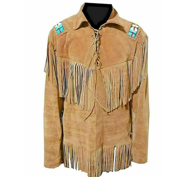 Men Brown Suede Vintage Traditional Western Cowboy Leather Jacket Lases Style Fringe Hand Made Country Side Red Indian Western Wear