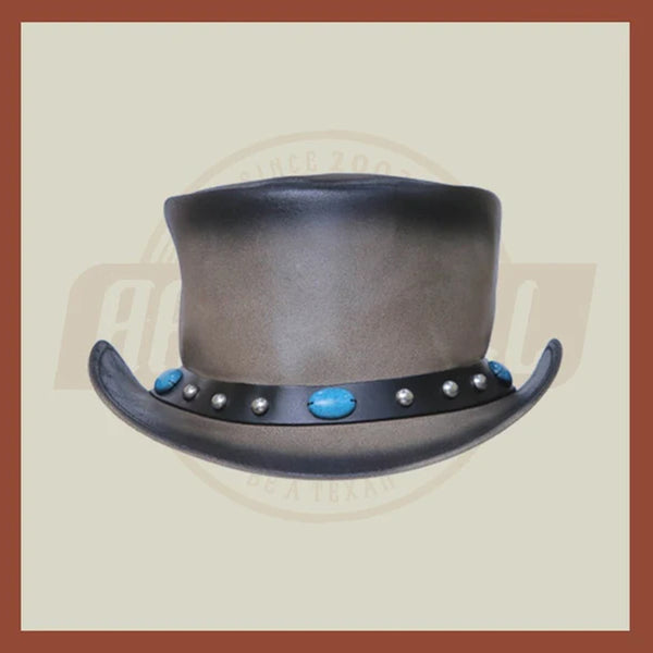Smoke Black Shaded Stone Band Western Red Indian Leather Top Hat Steampunk