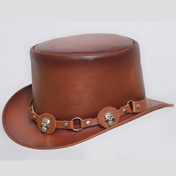 Mens Leather Cowhide Biker Steampunk Deadman Top Hat, El Dorado Motorcycle Hat HANDAMDE TOP HAT