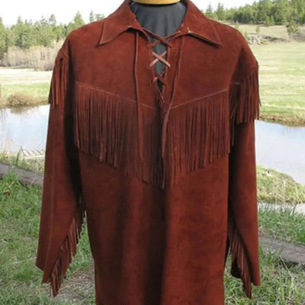 New Men Handmade Native American Mountain Man Buckskin Leather War Shirt Brown Western