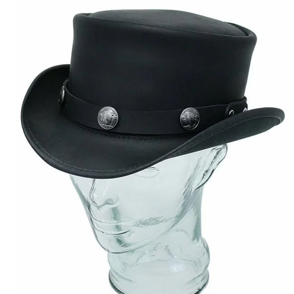 Marlow SteamPunk Deadman Biker American Five Cent Black Leather Top Hat