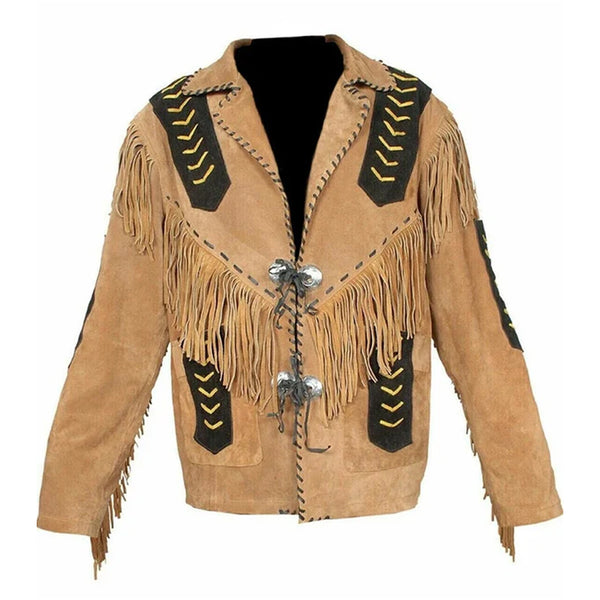 Western Jacket Men Brown & Black Suede Vintage Traditional Western Cowboy Leather Jacket Fringe Hand Made Red Indian Western Wear