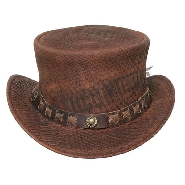 Top Hat-Snake Plated Distress Brown Leather hat,Leather Top Hat, Gothic Top Hat, Mens Top Hat,Steampunk Top Hat,Custom Top Hat