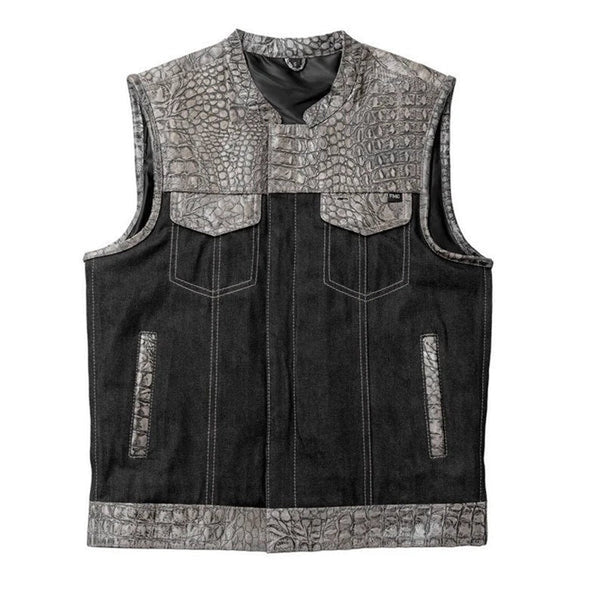 Leather Vest, Crocodile Plated Leather Grey Wax Motorcycle Men's Vest Denim Vest Black Vest