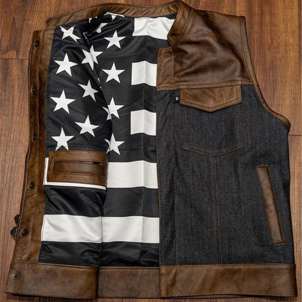 Leather Vest American Flag Distress Brown Classic Vest Denim Vest Leather Men Vest Biker vest Motorcycle Vest Men Waistcoat Biker Vest