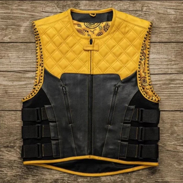 Leather Vest Mens Hunt Club Diamond Quilted Black & Yellow Paisley Leather Build Denim Style Rider Motorcycle Leather Vest Mens Vest