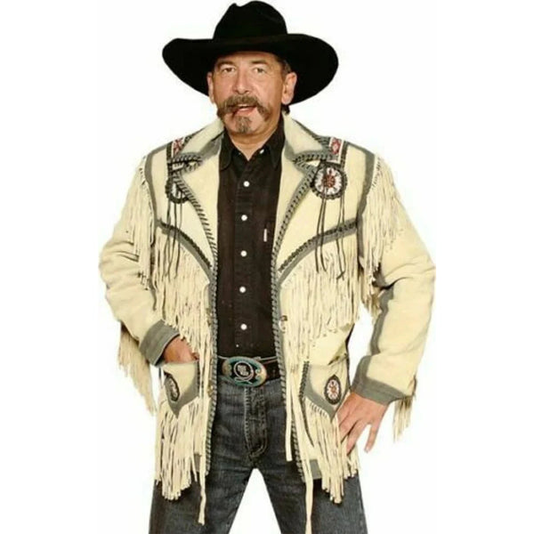 Men American Native Western Cowboy Real Leather Jacket Fringed & Beaded White Beige Leather Western Jacket Coat Country Side