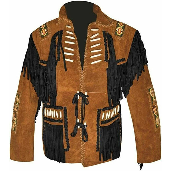 New Men’s Native American Cowboy Buckskin Leather Jacket Coat With Fringes Brown & Black Western Jacket