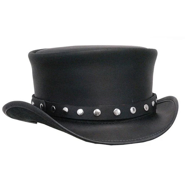 Black Leather Gothic Top Hat with Rivet Trim