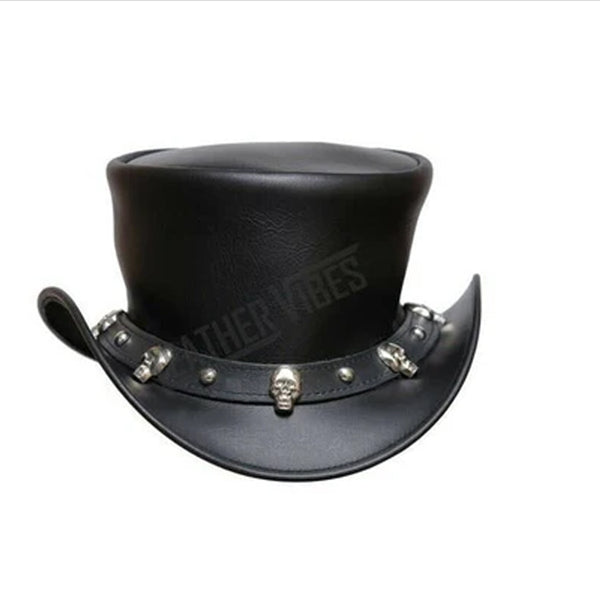 Skull and Studd Band Real Leather Steampunk Top Hat Motorcycle Rider Biker