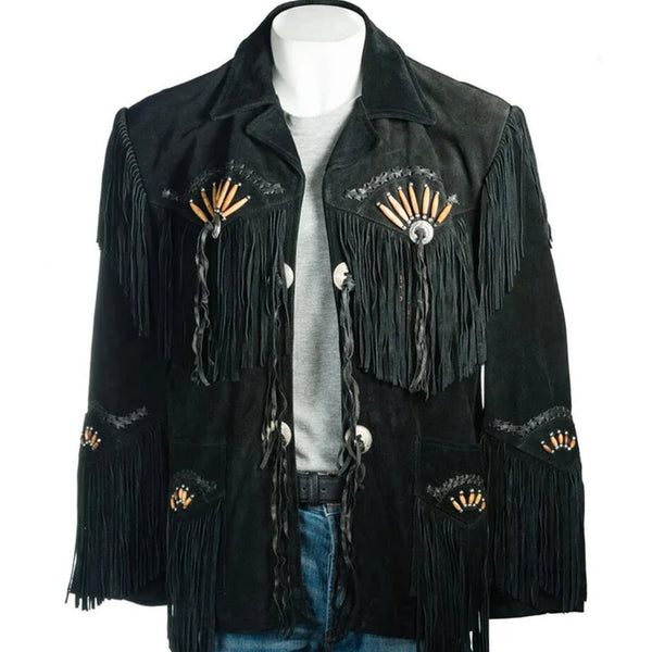 Men Black Suede Vintage Traditional Western Cowboy Leather Jacket With Fringe Hand Made Country Side Red Indian Western Wear