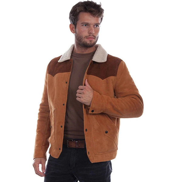 Men's Western Jean Jacket - Aztec Trim Suede Jacket - Brown Rode Country Side Cowboy Leather Jacket Country Side Style