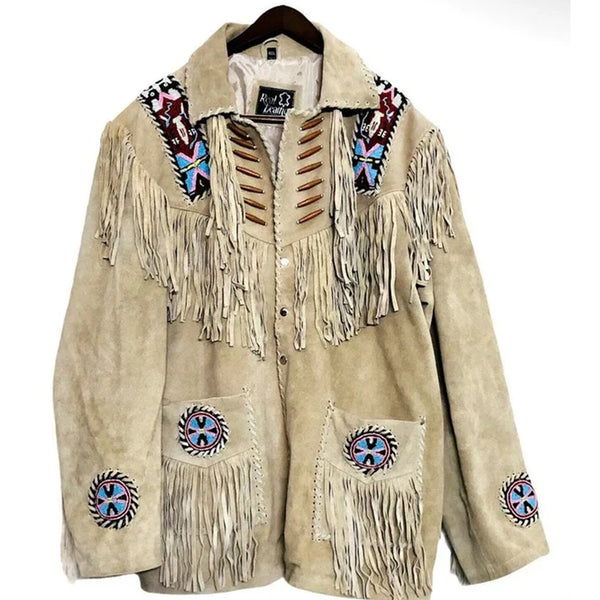 Men Leather Rockabilly jacket, Native American Buckskin Western Jacket Suede Leather Shirt Fringes & Beads Work Coat
