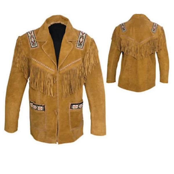 Western Jacket Men Brown Suede Vintage Traditional Western Cowboy Leather Jacket With Fringe Hand Made Country Side Red Indian Western Wear
