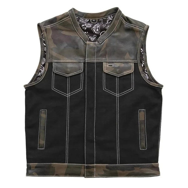 Denim Vest Black Paisley Biker Vest, Hunt Club Leather Builder Camo Style Custom Biker Vest, leather Vest