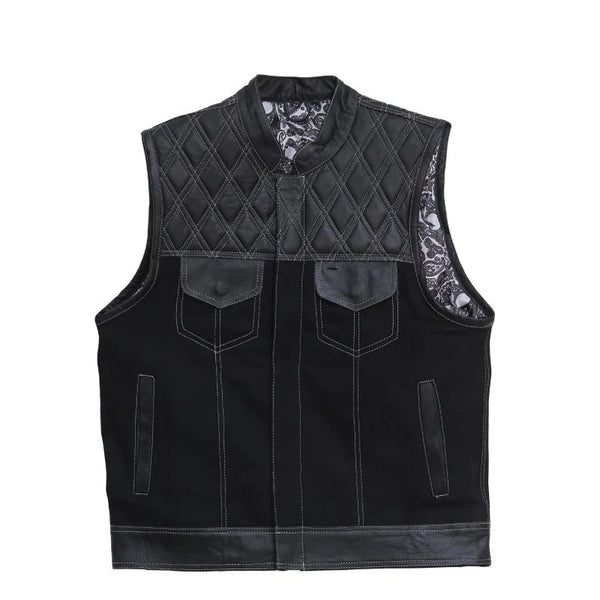Leather vest Camo Style Denim Leather Motorcycle Vest Braided Skulls paisley Men's Leather Vest Biker Rider Club