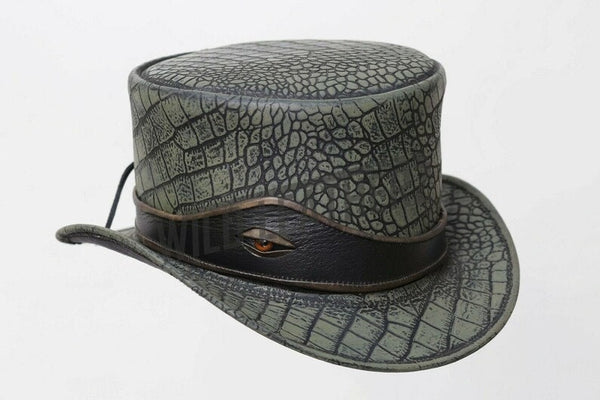 Distress Wax Crocodile Plated Leather Eye Band Steampunk Motorcycle Top Hat