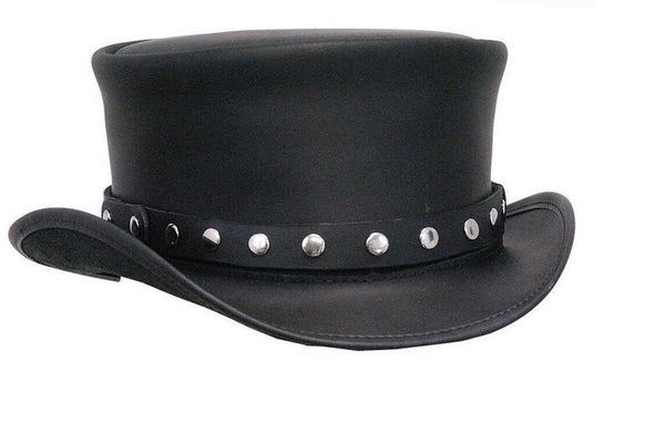 TOP HAT Black leather Steampunk / biker top hat made with a rivet trim leather hat ban New with Tags