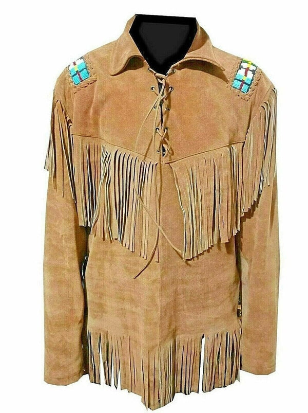 Men Brown Suede Vintage Traditional Western Cowboy Leather Jacket With Fringe Hand Made Country Side Red Indian Western Wear