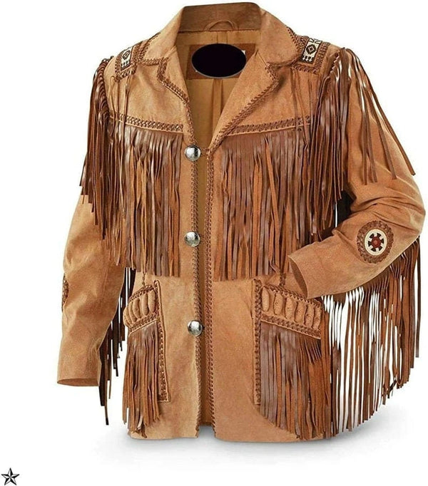 Leather jacket Men's Traditional Native Brown Classic Suede Leather Western Jacket With Braided Fringes Country Side Red Indian Western Wear