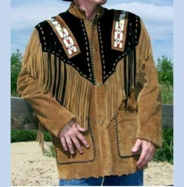Men Native American Western Cowboy Leather Jacket Suede Coat Fringe Eagle Beads Gift for men Black and Brown Red Indian Country Side Jacket