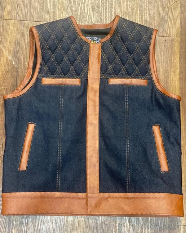 Leather Vest Diamond Quilted Tan Brown Leather Vest Blue Denim Vest Leather Men Vest Biker vest Motorcycle Vest Men Motorcycle Gifts For Men