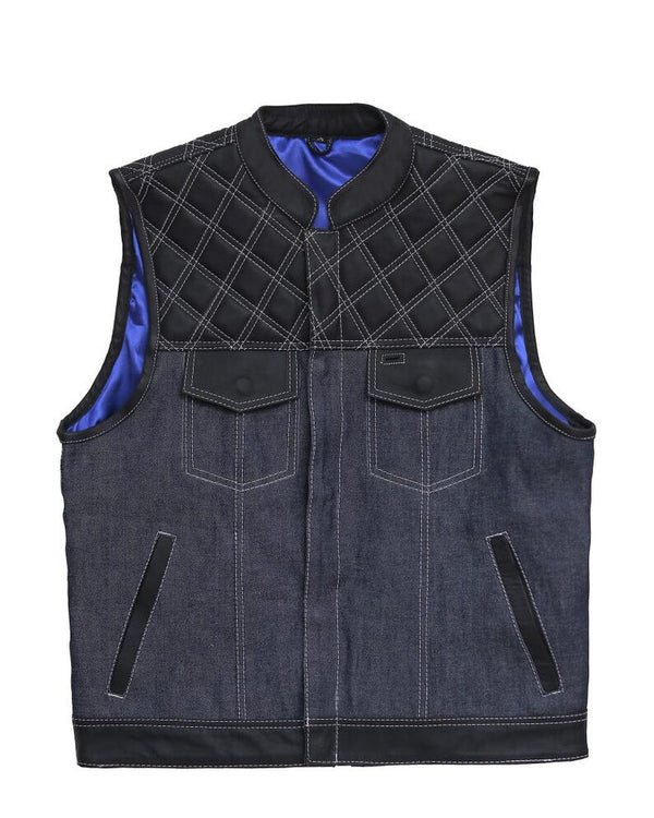 Hand Made Blue Denim & Leather Diamond Quilted Style Thunder Biker Motorcycle Rider MC Club Vest