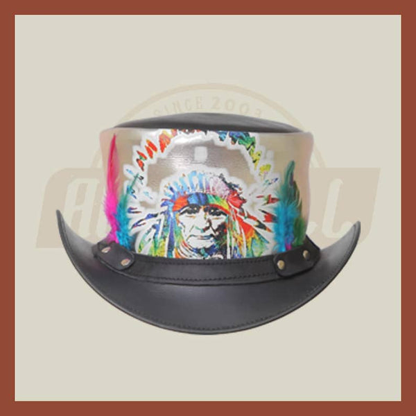 Red Indian Western Native American Black Silver Multicolor Leather Top Hat