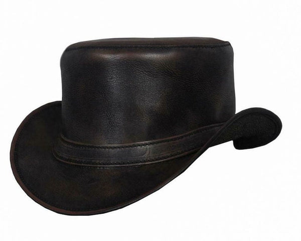 Distress brown wax leather steampunk biker top hat motorcycle wear. Black Hat Biker Hat, Cowboy Hat