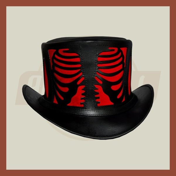 Skeleton Red Ribs Style Steampunk Black Leather Top Hat Old Style Biker