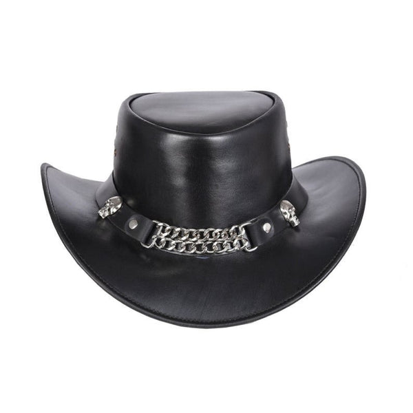 Cowboy Hat Outback Hat Unisex Western-Style Hat For Men Skull Chain Band Black Leather Hat For Women Gift For Him Gift For Her