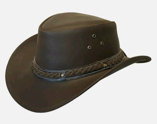 Cowboy Hat Outback Hat Unisex Western-Style Hat For Men Breaded Band Brown Leather Hat For Women Gift For Him Gift For Her