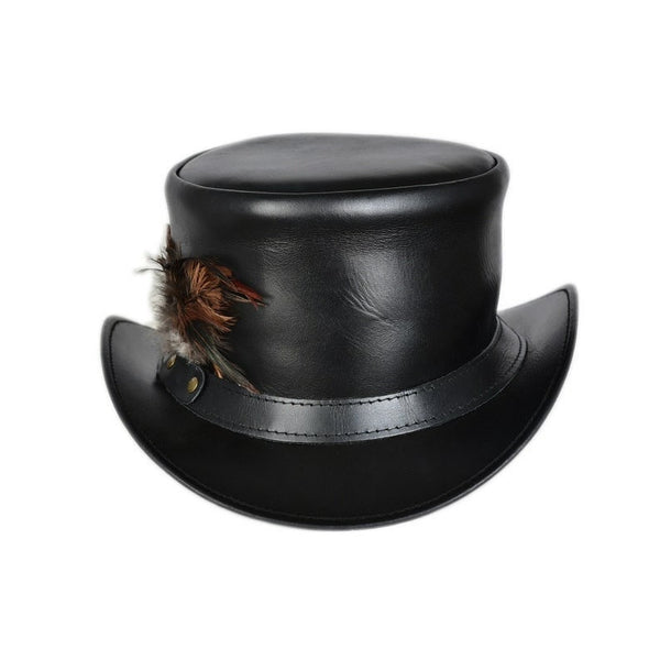 Steampunk Hat El Dorado Top Hat With Simple Band & Feathers Black Leather Top Hat Steampunk Hat Biker Hat Motorcyclist Hat