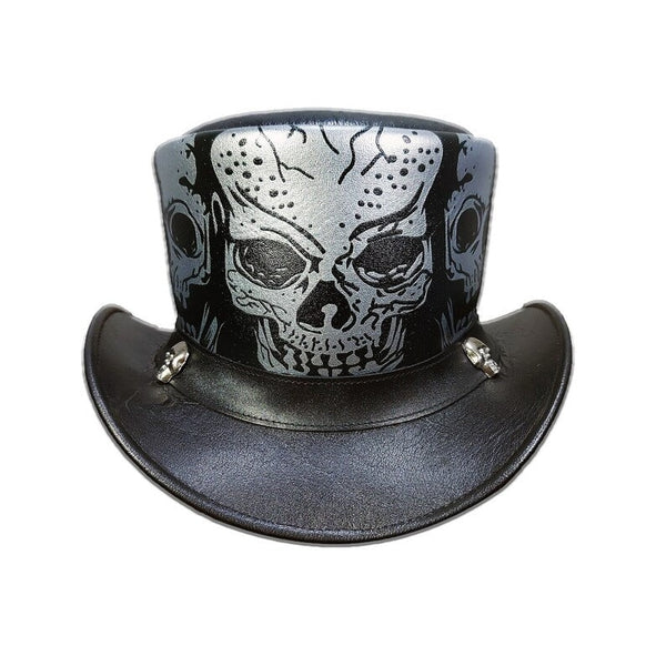 hand Made Top Hat Biker Motorcycle Rider Leather Hat Skull in Silver New with Tags Steampunk